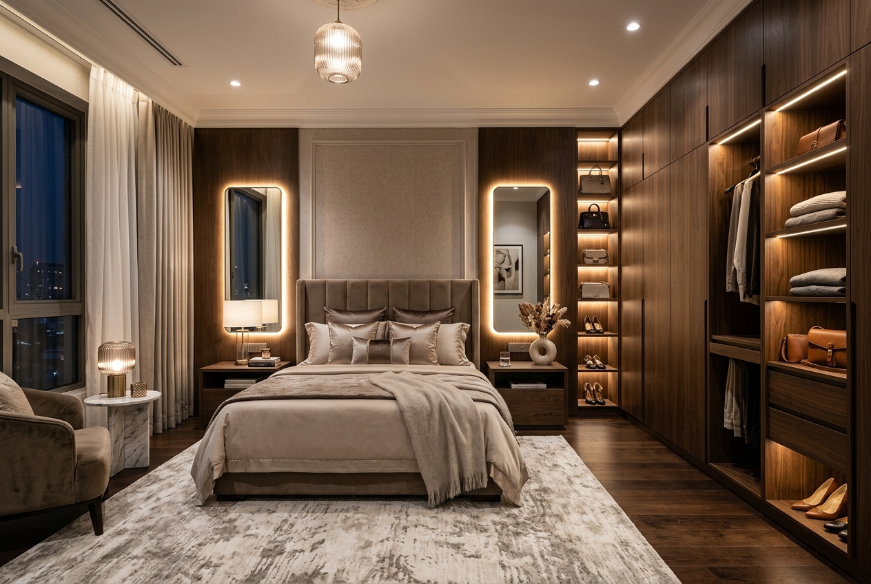 Render final do quarto gamer do apartamento Morumbi com bancada em L e armários suspensos